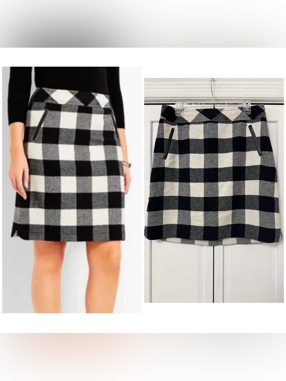 NWT Talbots Ivory and Black Buffalo Plaid Wool Blend Skirt Size 10 Career